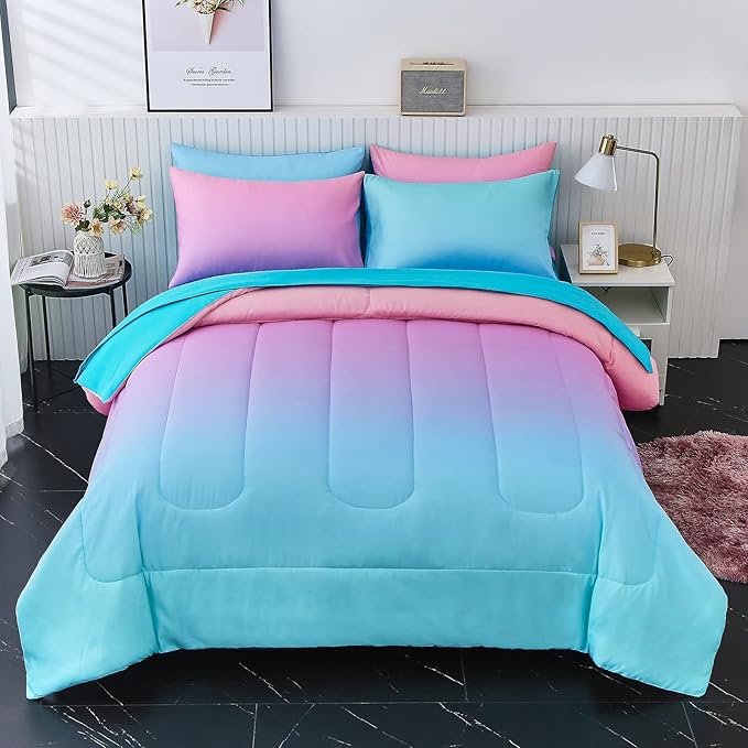 inron Rainbow Kids Comforter Sets for Girls Women,Full Size 5-Pieces Bed in a Bag, Ultra Soft Microfiber Comforter and Sheet Sets, All Season Durable Bedding Set(Rainbow,Full)