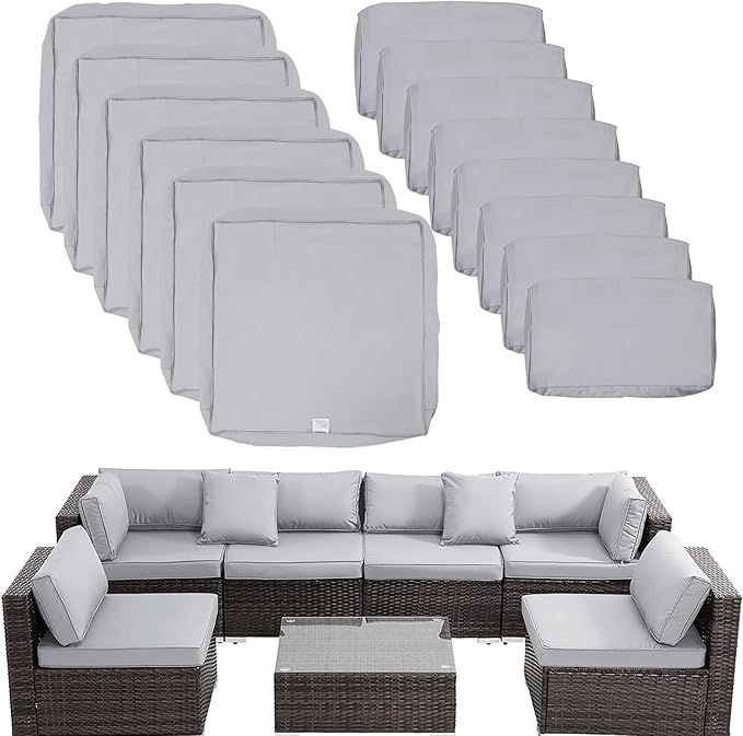 ClawsCover 14Pack Outdoor Patio Seat and Back Cushions Replacement Covers Fit for 7Pieces 6-Seater Wicker Rattan Sectional Couch Chair Furniture Set,Gray-Include Cover Only (Small)