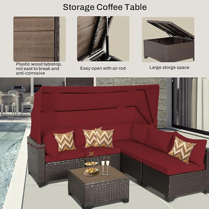 6 PCS Outdoor Patio Furniture Set,Sectional Sofa Set,Rattan Daybed with Retractable Canopy,Adjustable Backrest,Storage Coffee Table,Chaise Chair Sunbed for Porch Garden Poolside Backyard(Red)