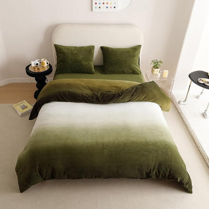 Wellboo Army Green Gradient Comforter Sets Full Green White Fluffy Bedding Comforters Modern Gradient Dark Green Flannel Quilts Farmhouse Abstract Art Watercolor Comforters Sherpa Fuzzy Plush Bedding