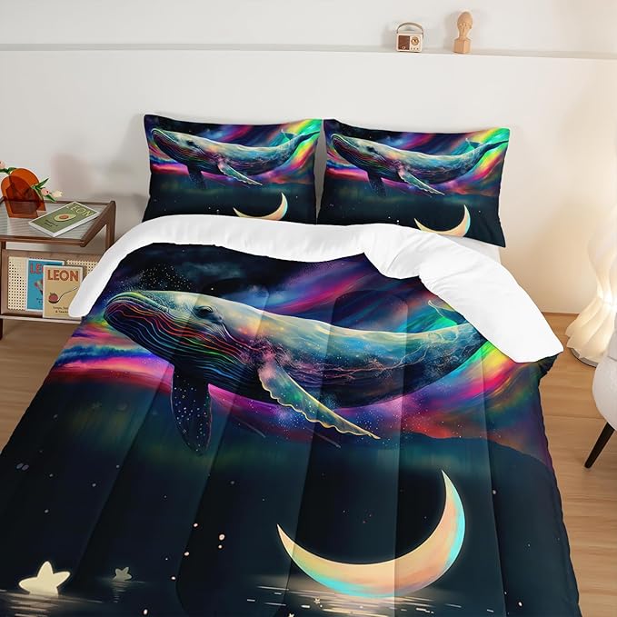 HOSIMA 3D Whale Galaxy Bedding Comforter Sets,Stars Moon Comforter Starry Room Decor Aesthetics,Ocean Theme Marine Life Whale Comforter with 2 Pillowcases Full Size Bed in a Bag Set for Adults Kids.