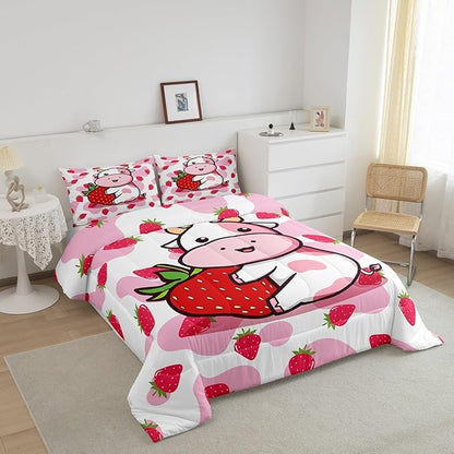 Feelyou Milk Cow Comforter Pink White Cow Strawberry Comforter Set Bedding Set for Kids Adults Kawaii Girls Milk Cow Print Duvet Set Soft Room Decor King Size Quilt Boys
