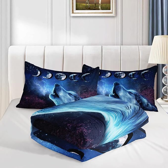 Wolf Comforter Set Galaxy Night Moon Bedding Set 3Pcs Howling Wolf Down Lunar Eclipse Bed Set for Kids Teens Room Decor Wild Animals Comforter with 2 Pillowcases