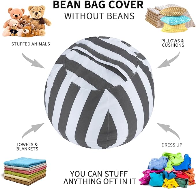 2 PCS Stuffed Animal Storage Bean Bag Chair Cover, Cotton Canvas Beanbag with Zipper for Organizing Kid's and Adults Room Vertical Stripe Grey 24"