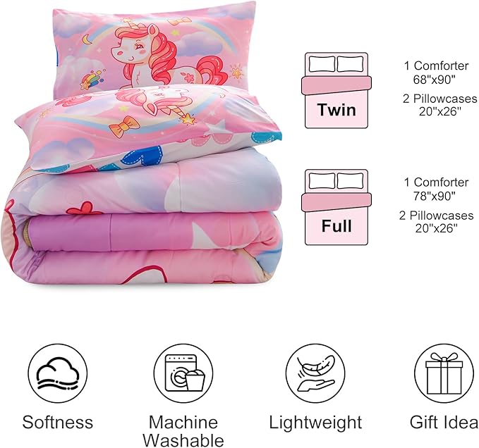 Aimuan Girls Unicorn Comforter Set 3 Pieces Pink Purple Bedding Set with Rainbow Star Galaxy Stars Fantasy Children Room Decor Soft Reversible Bed Sets for Boys/Girls/Teens (Pink Full3Pcs)