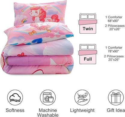 Aimuan Girls Unicorn Comforter Set 3 Pieces Pink Purple Bedding Set with Rainbow Star Galaxy Stars Fantasy Children Room Decor Soft Reversible Bed Sets for Boys/Girls/Teens (Pink Full3Pcs)