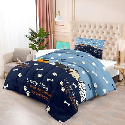 2Pcs Cartoon Dog Comforter Set Twin Comforter Set for Boys Lovely Puppy Patterns Bedding Set Fun Animal Lover Comforter Lovely Dog Paw Bones Quilt with 1 Pillowcase, Twin Size
