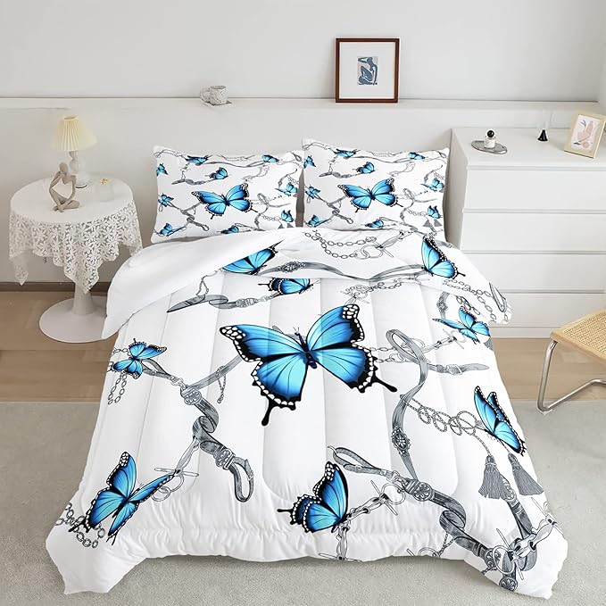 CVHOUSE Butterfly Bedding Set,Butterfly Comforter Queen,Butterfly Comforter Set for Girls Kids Teens,Butterflies Quilt Set with 1 Comforter and 2 Pillow Cases- 3 Piece