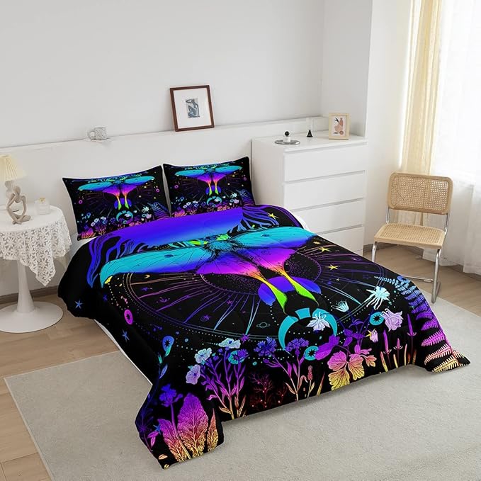 Erosebridal Moth Comforter Set King Hippie Psychedelic Sun and Moon Bedding Set,Purple Blue Ombre Galaxy Floral Botanical Comforter for Girls Teens Women Stars Planet Quilt Duvet 2 Pillowcases