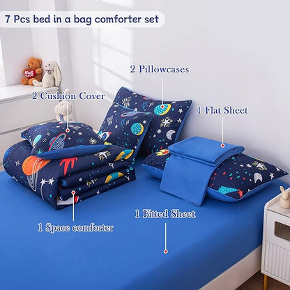 Twin Comforter Set for Boys Girls Space Bedding,Twin Size Comforter Sets Galaxy Bedding Comforter Quilt Set Kids 7pieces,Full Size Bedding Sets with Comforter and Sheets