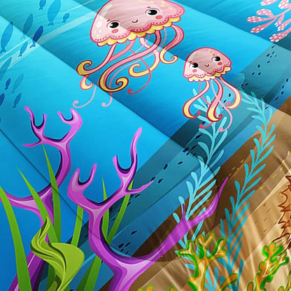 Turtle Comforter Set Full Ocean Watercolor Sea Turtle Bedding Set Tropical Fish Marine Life Bed Set with 2 Pillowcases for Kids Room Decor