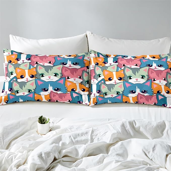 Cat Comforter Set for Girls - Balck Neon Cartoon Cats Bedding Set for Girls Bedroom Ultra Soft Cats Queen Size Comforter Set for All-Season with 1 Comforter and 2 Pillowcases Girls Room Decor