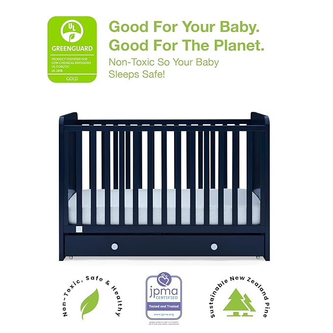 babyGap by Delta Children Graham 4-in-1 Convertible Crib with Storage Drawer TrueSleep Crib and Toddler Mattress (Bundle), Navy/Light Blue