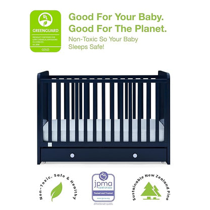 babyGap by Delta Children Graham 4-in-1 Convertible Crib with Storage Drawer TrueSleep Crib and Toddler Mattress (Bundle), Navy/Light Blue