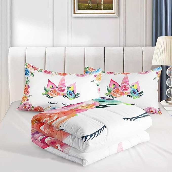 Datura home Unicorn Floral Watercolor Flower Comforter Bedding Set for Girls Teens Adults,Colorful Lovely Roses Blooms Print Design Unicorn Bedding Set(Unicorn Queen)