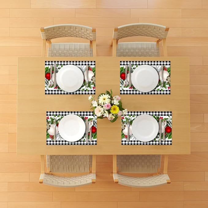 Nepnuser Black and White Gingham Christmas Placemats Set of 4 Buffalo Check Plaid Xmas Place Mats for Home Kitchen Dining Table Decoration