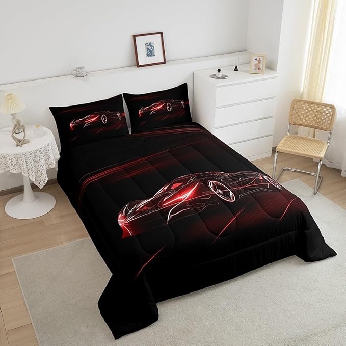 Feelyou Red Race Car Bedding Set Twin Size for Kids Boys Extreme Sport Games Comforter Set Teens Toddler Fast and Furious Duvet Set Cool Modern Quilt Set 2Pcs