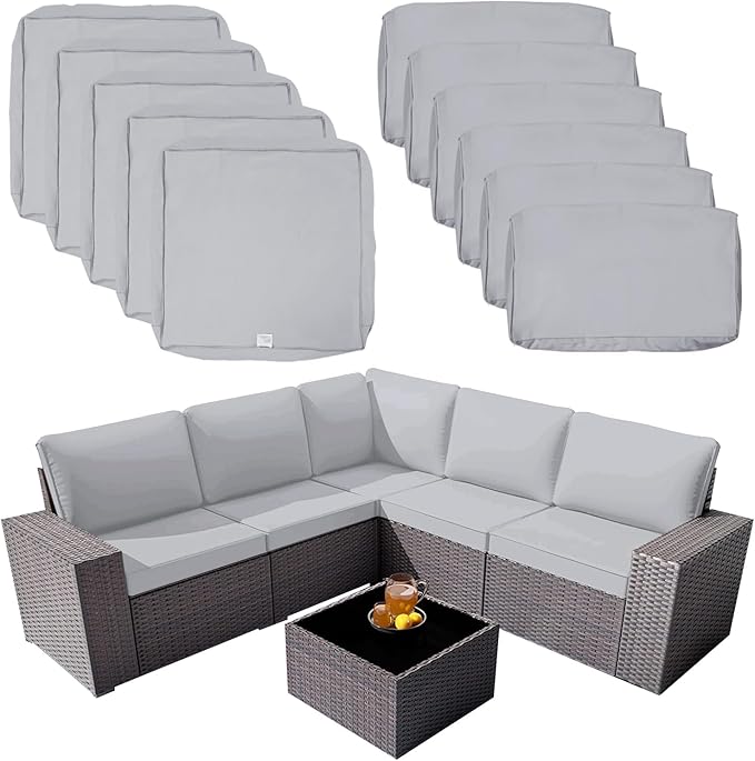 ClawsCover 11Pack Outdoor Seat and Back Cushions Replacement Covers Fit for 5-Seater 6 Pieces Wicker Rattan Patio Conversaton Set Sectional Couch Chairs Furniture,Gray-Include Cover Only
