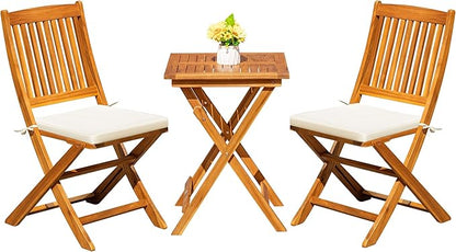 Greesum 3 Piece Patio Folding Furniture Bistro Set with 2 cushions for Pool Beach Backyard Balcony Porch Deck Garden, Acacia Wood