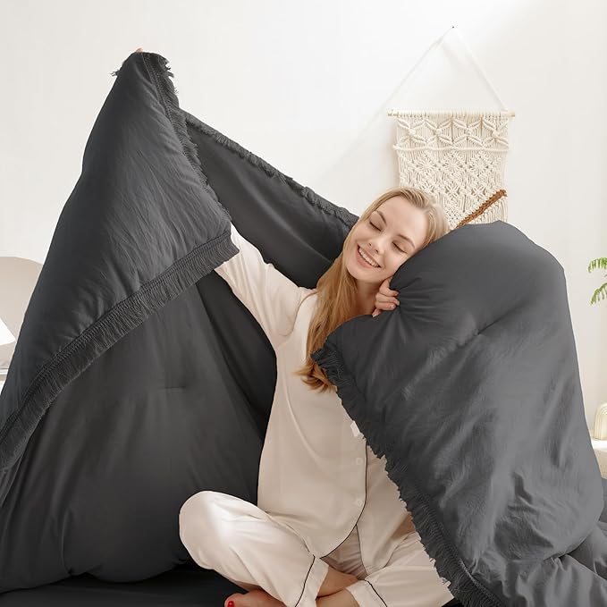 Andency California King Comforter Set Dark Grey - 3 Pieces Cal King Boho Lightweight Bedding Comforter Sets, Oversized All Season Tassel Soft Fluffy Bed Set (104x96In Comforter & 2 Pillowcases)