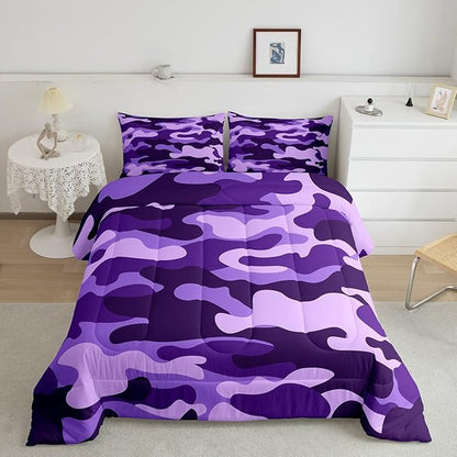 Full Size Camouflage Comforter Set 3Pcs Kids Bedding Set for Boys Girls Teens 1 Comforter & 2 Pillowcases(Full,Purple) Boys