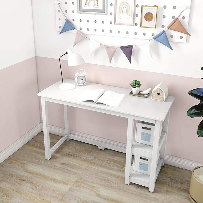 Max & Lily Solid Wood Desk With Shelves, 47 Inches, White