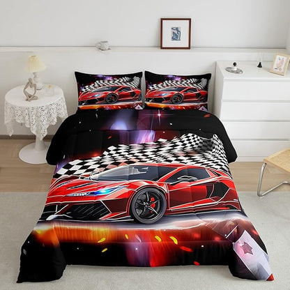 Feelyou Speed Sports Car Comforter Set Queen Size Extreme Sports Bedding Set for Kids Boys Girls Decor Red Comforter Microfiber Checkerboard Quilt Set Bedroom Bedclothes…