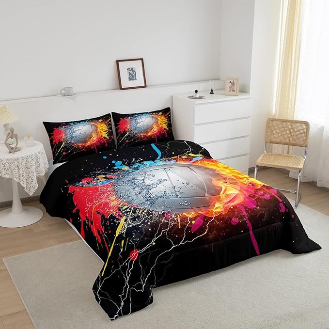 Erosebridal Kids Volleyball Comforter Set for Teen Girls Boys Volleyball Bedding Set King Grunge Hippie Tie Dye Bedding Comforter Red Blue Fire Water Lightning Quilt Duvet Insert 2 Pillow Cases