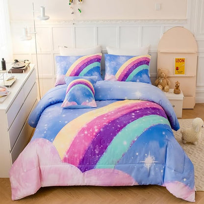 Aqua Blue Full Size Kids Comforter Sets for Girls, 6Pcs Colorful Rainbow Gradient Bedding Set, 3D Glitter Galaxy Bed in A Bag with Comforter, Sheets and Pillowcases for Teens