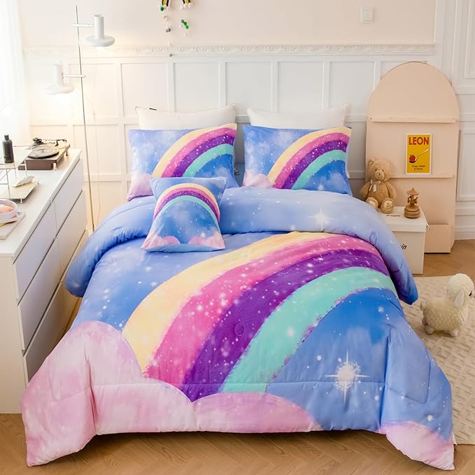 Blue Girls Bedding Set Twin, 6Pcs Colorful Rainbow Kids Comforter Set for Girls, 3D Gradient Glitter Bed in A Bag with Comforter, Sheets and Pillowcases for Teens