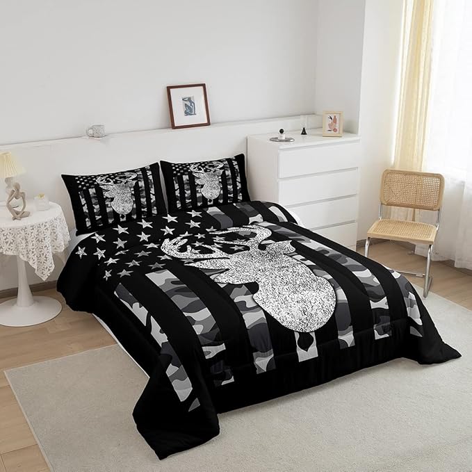 American Flag Bedding Set Deer Camo Comforter Set Twin For Kids Boys Teen Man,Western Rustic Black Grey Military Camouflage Bedding Comforters Hunting Deer Antlers Quilt Duvet For All Season 2 Pcs