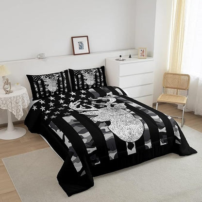 American Flag Bedding Set Deer Camo Comforter Set Twin For Kids Boys Teen Man,Western Rustic Black Grey Military Camouflage Bedding Comforters Hunting Deer Antlers Quilt Duvet For All Season 2 Pcs