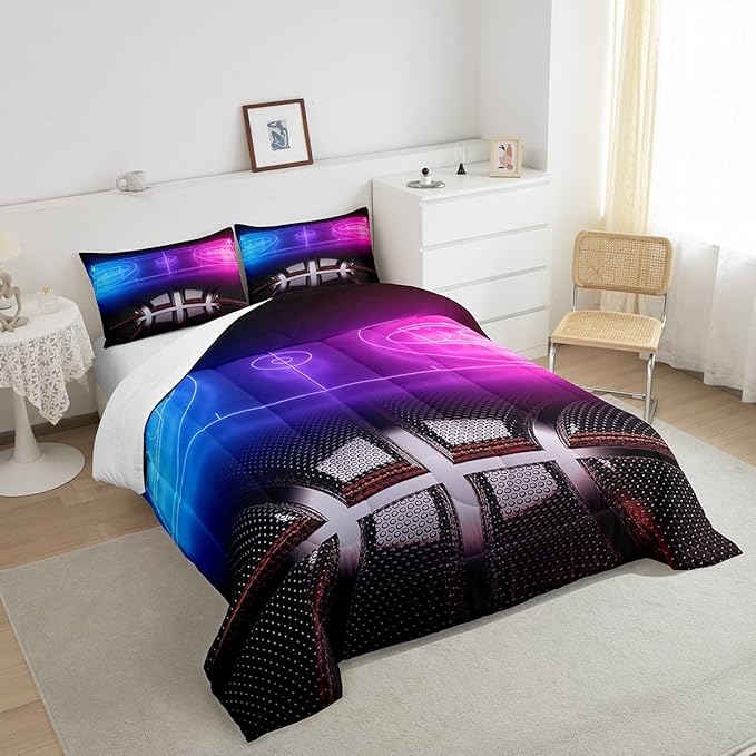 Erosebridal Sports Basketball Queen Comforter Set for Teen Boys Girls Neon Basketball Court Bedding Set,Ball Competitive Games Comforter Soft Lightweight Quilt Duvet Set 2 Pillow Cases Bedroom Decor