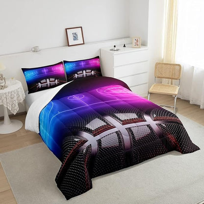 Erosebridal Sports Basketball Queen Comforter Set for Teen Boys Girls Neon Basketball Court Bedding Set,Ball Competitive Games Comforter Soft Lightweight Quilt Duvet Set 2 Pillow Cases Bedroom Decor