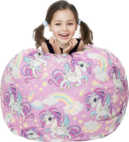 Stuffed Animal Storage Bean Bag Chair Cover, Hold Kids Plush Toys Blankets Towels Beanbag (Cover Only), Canvas Floor Circle Stuff Sit Seat Sofa with YKK Zipper, Extra Large 38", Unicorn