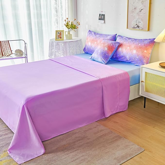 PERFEMET Mermaid Scales Queen Comforter Set 6 Pieces Purple Orange Comforter for Queen Size Bed Teen Girls Glitter Bedding Set Rainbow Tie Dye Bed in A Bag