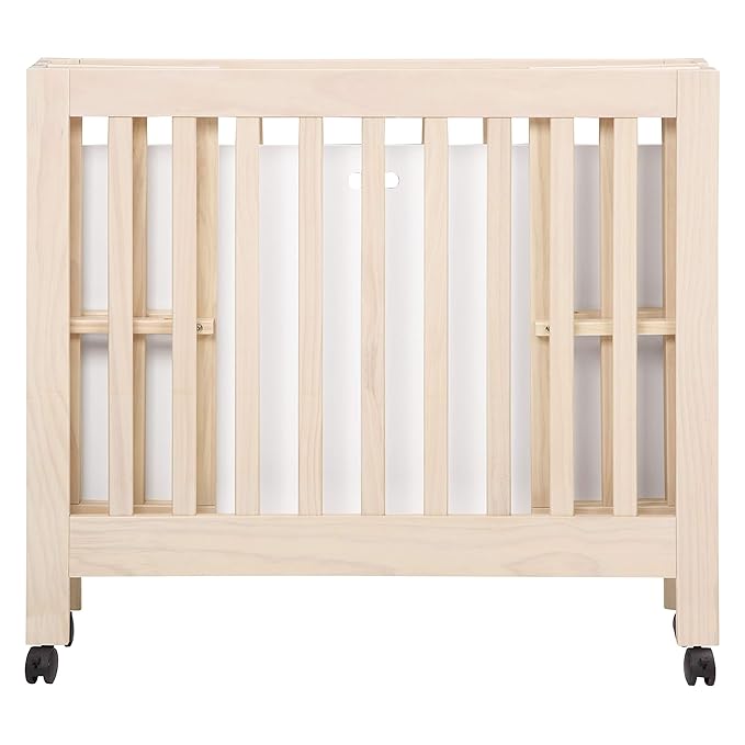 Babyletto Origami Mini Portable Crib Folding with Wheels in Washed Natural, 2 Adjustable Mattress Positions, Greenguard Gold Certified