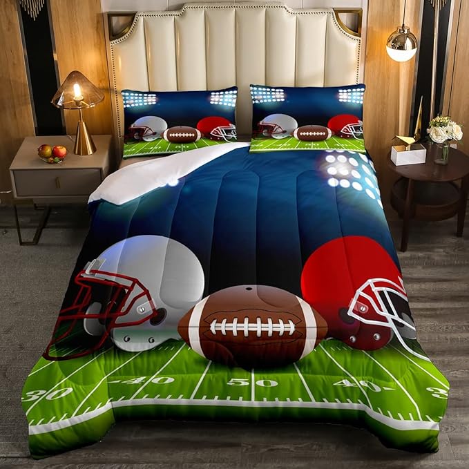 American Football Comforter Set Full,Boys Ball Games Sports Bedding Set Football Helmet Field Down Comforter For Kids Teens Sport Theme Bedroom,Soft Microfiber Quilt Duvet Sets With 2 Pillow Cases