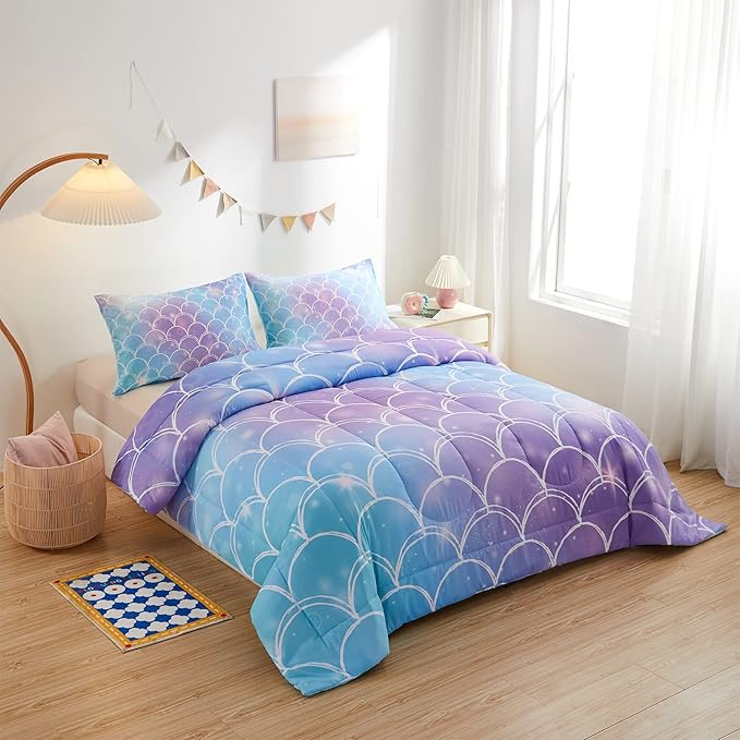 beeweed 3 Piece Kid Comforter Set Queen Size, Colorful Scale Bedding Set for Teen Boys Girls