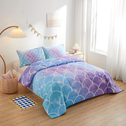 beeweed 3 Piece Kid Comforter Set Queen Size, Colorful Scale Bedding Set for Teen Boys Girls