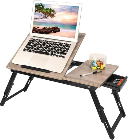 Bamboo Laptop Desk Bed Tray Table Adjustable Table for Computer Tilting Top Foldable Leg with Drawer