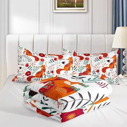 Cartoon Fox Comforter Set 3-Pieces Cute Fox Bedding Set Plants Leaves Printed Quilt Set for Kids Boys Girls with 2 Pillowcases Full
