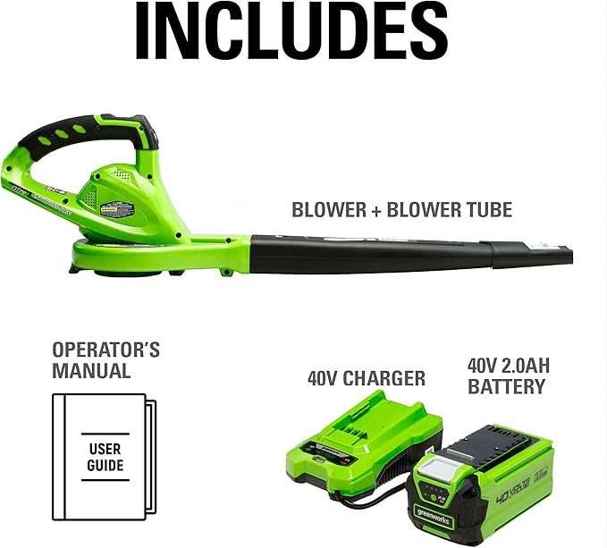 Greenworks 40V Leaf Blower/Sweeper, 150 MPH, Lightweight, Quiet, with 2.0 Ah Battery and Charger