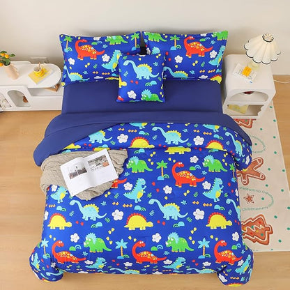 Dinosaur Comforter Set for Boys, 6 Pcs Bed in a Bag Twin Blue Dinosaur Wild Park Jungle Print Kids Bedding Set with Sheets