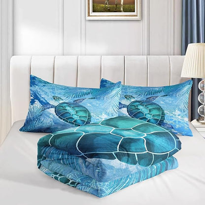 CVHOUSE Sea Turtle Bedding Set,Sea Turtle Comforter Full,Ocean Bohemia Comforter Set for Boys Kids Girls,Ocean Quilt Set with 1 Comforter and 2 Pillow Cases
