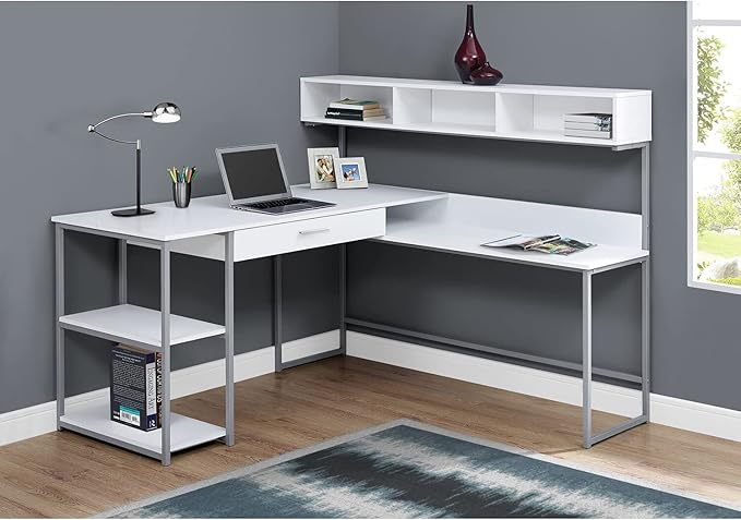 Monarch Specialties Workstation for Home & Office with Multiple Shelves and Drawer L-Shaped Corner Desk with Hutch, 60" L, White/Silver Frame