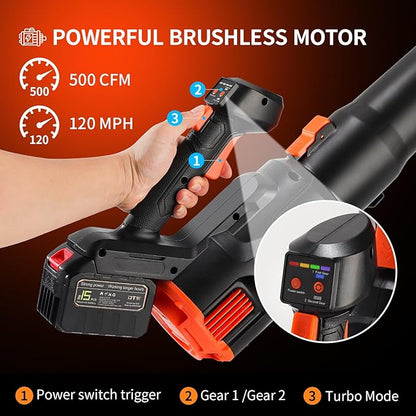 2024 Strong Power Leaf Blower Cordless, 500CFM 120MPH Leaf Blower with Battery and Charger, 20V 4.5Ah Battery Powered with Flat and Round Nozzles, for Lawn Care Yard Porch Driveway Patio Clean Snow