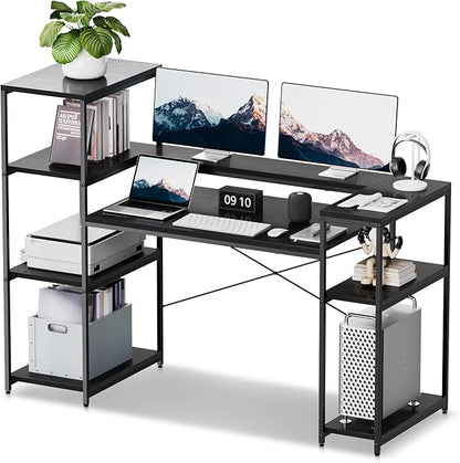 63-Inch Home Office Desk with Storage Shelves, Gaming Computer Desk with Monitor Stand and Printer Shelf for Study, Writing, PC Work