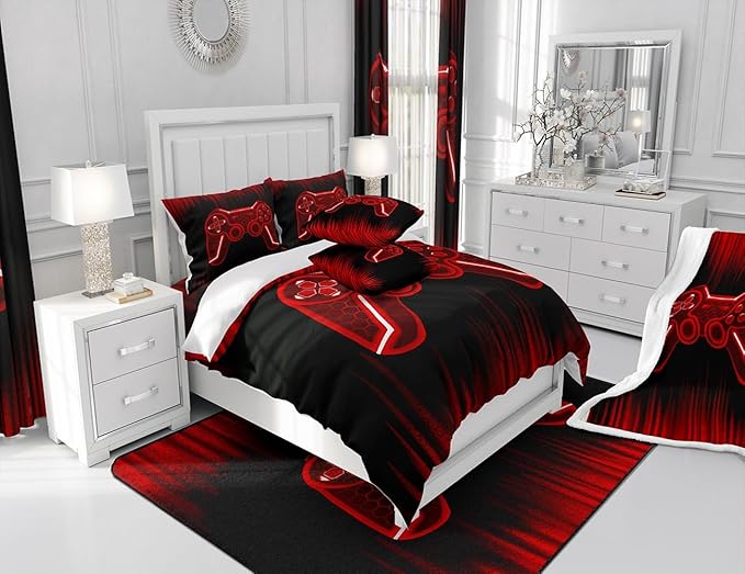 Feelyou Gamer Comforter Set Full Size Kids Game Controller Comforter for Boys Teens Red Black Bedding Set Gaming Duvet Set Room Decor Quilt Set