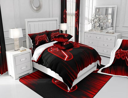Feelyou Gamer Comforter Set Full Size Kids Game Controller Comforter for Boys Teens Red Black Bedding Set Gaming Duvet Set Room Decor Quilt Set